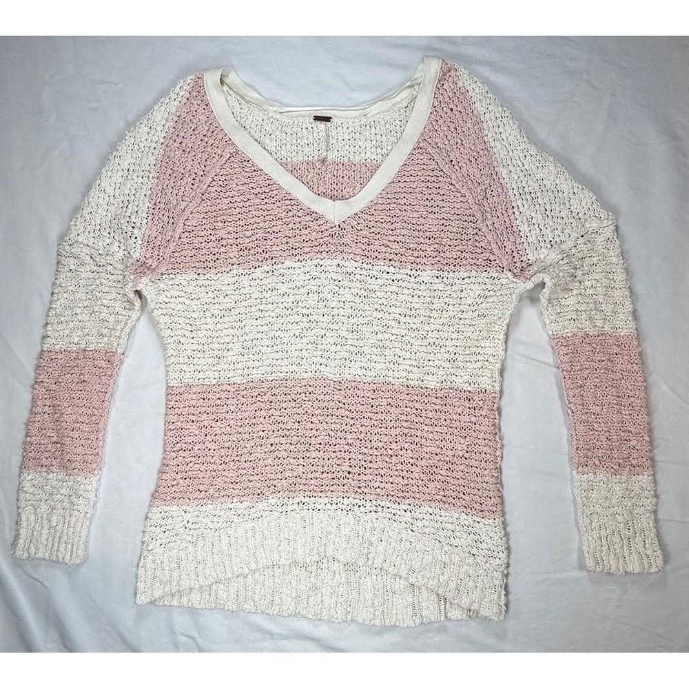 Free People Women's Pink & White Striped Knit Sweater Size Small Oversized Boho